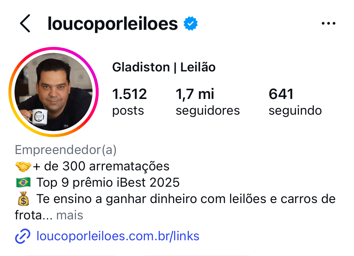 Perfil Instagram @loucoporleiloes — Gladiston Leilão