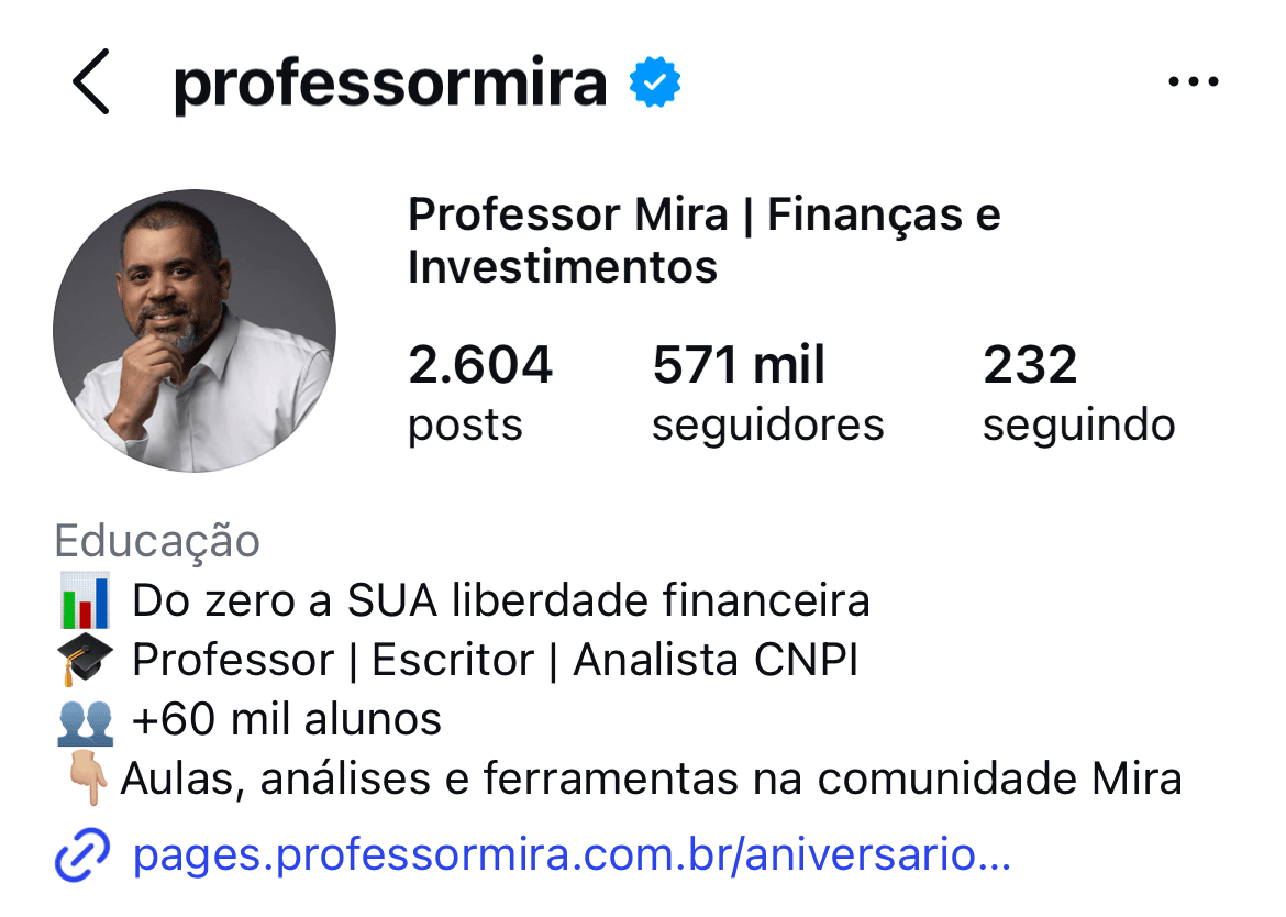 Perfil Instagram @professormira — finanças e investimentos