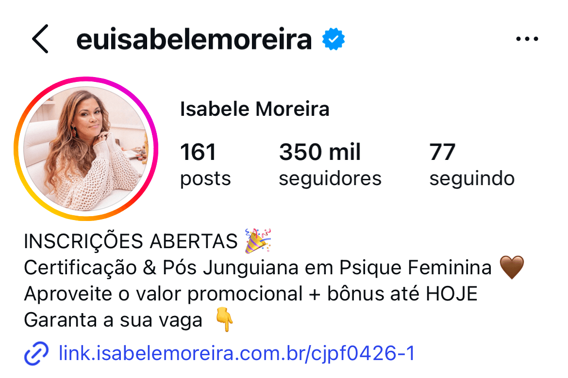 Perfil Instagram @euisabelemoreira — Isabele Moreira