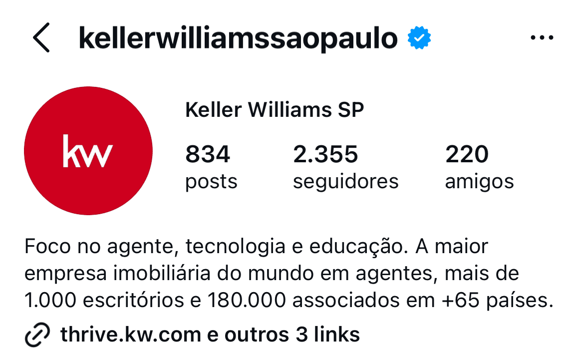Perfil Instagram @kellerwilliamssaopaulo — Keller Williams SP