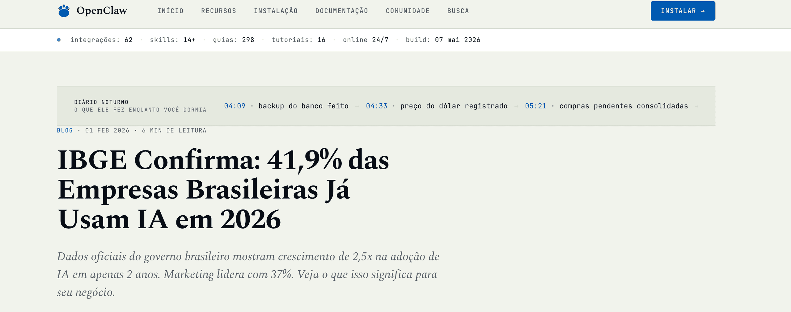 Notícia: IBGE confirma — 41,9% das empresas brasileiras já usam IA em 2026 — OpenClaw